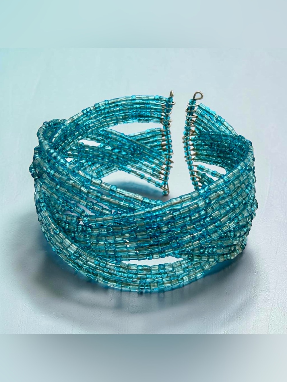 Handmade Light Blue Seed Bead Multi-Strand Flex Cuff Bracelet - Women's Jewelry